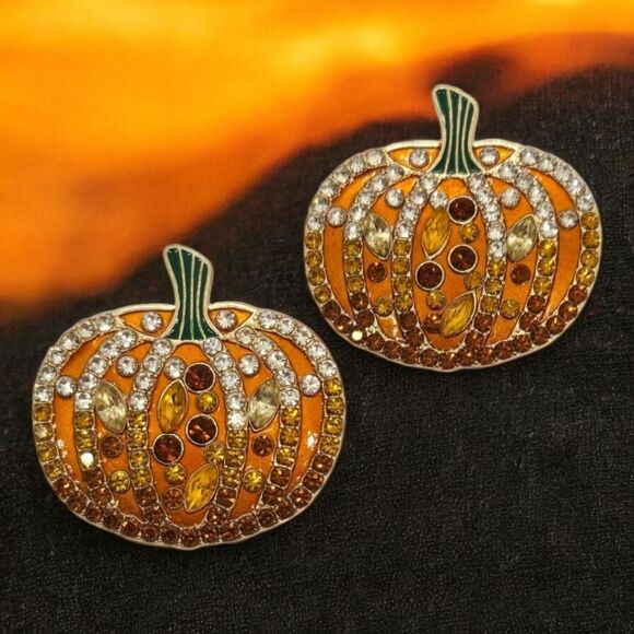 Large RhinestoneāPumpkin Earrings Fall Jewelry Pierced Ears Stud Posts Halloween - Picture 6 of 9